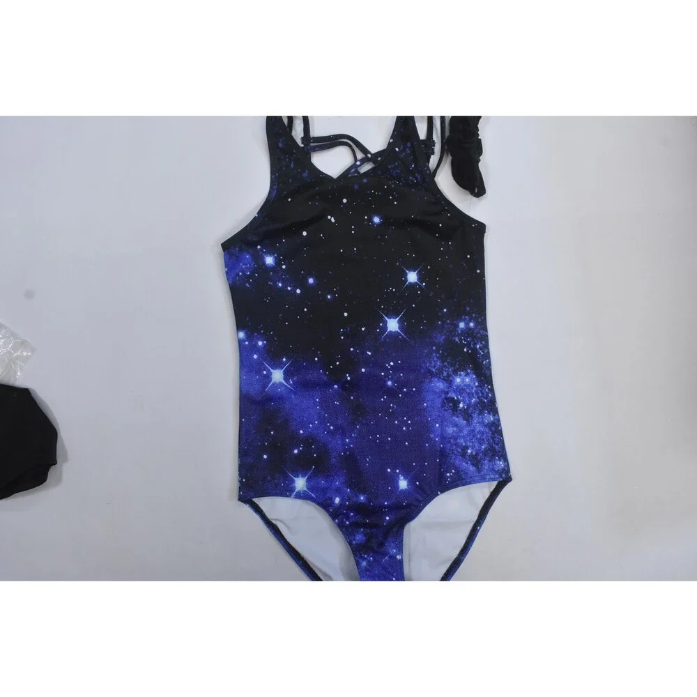 Beautyin Gymnastics Leotard Set Girls 12 Blue Galaxy Shorts Scrunchie UPF 50+